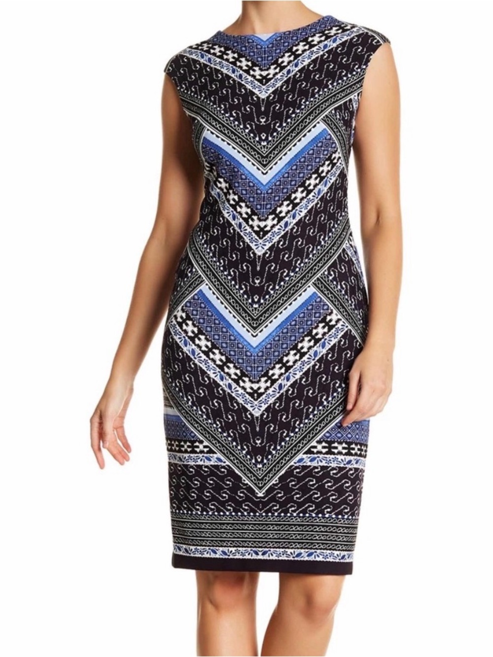 Vince Camuto Black and Blue Chevron Print Midi Shift Dress
